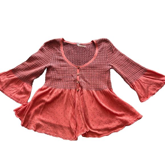 Free People Sweaters - Free People Waffle Knit Babydoll Top Cardigan Red Pink Flutter Sleeve Peplum S
